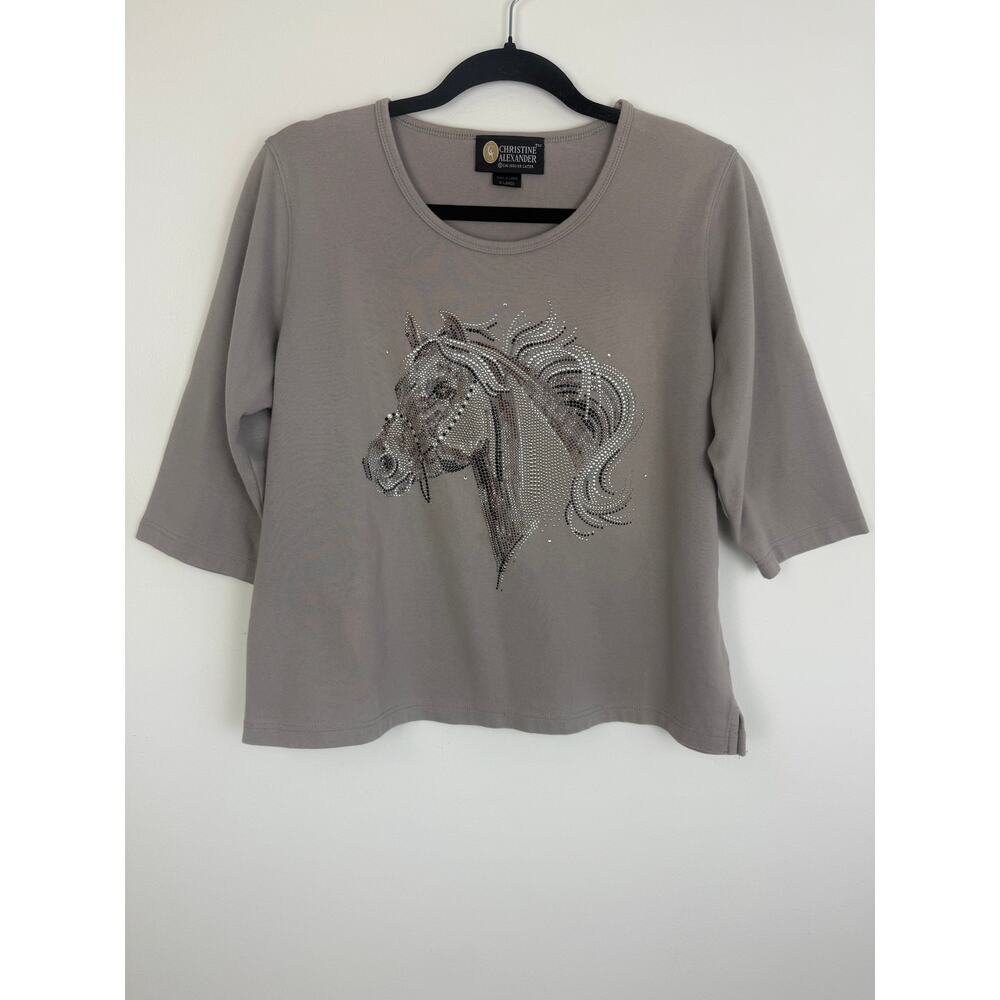 Vintage Christine Alexander Womens Horse Bedazzled Taupe 3/4 Sleeve Shirt XL
